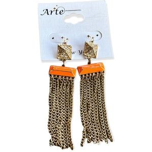 ARTE Orange Deco Chain Long Fringe Gold Tone Drop Dangle Earrings